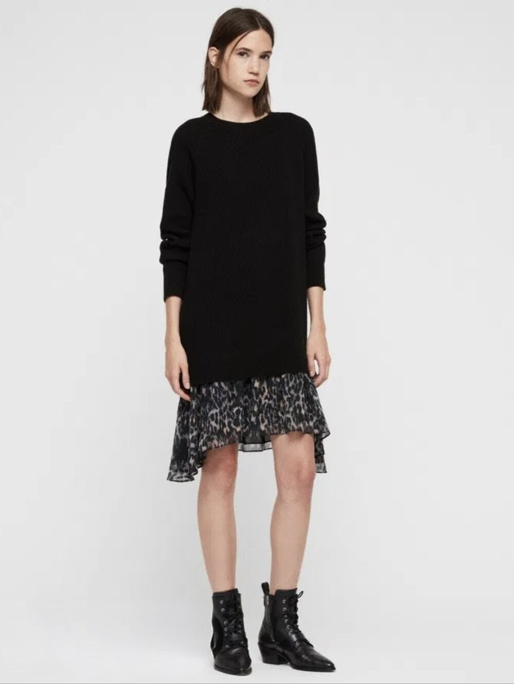 All SAINTS Black Ribbed Sweater Dress with Leopard Hem Small